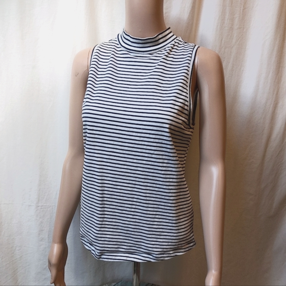 Sleeveless Mock Turtleneck, Lightweight, Black and White Striped